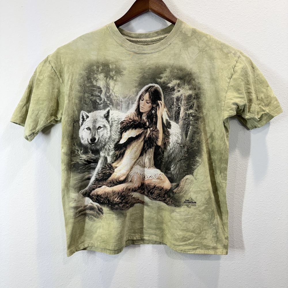 VTG The Mountain 2004 Wolf and Woman Protector Reprint T-Shirt Mens Size L